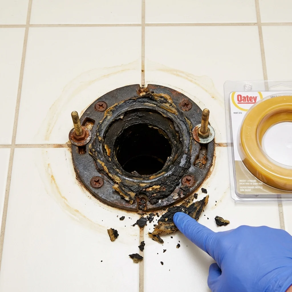 Failed wax ring showing water seepage at the base of a toilet in a Oakhurst, OK home